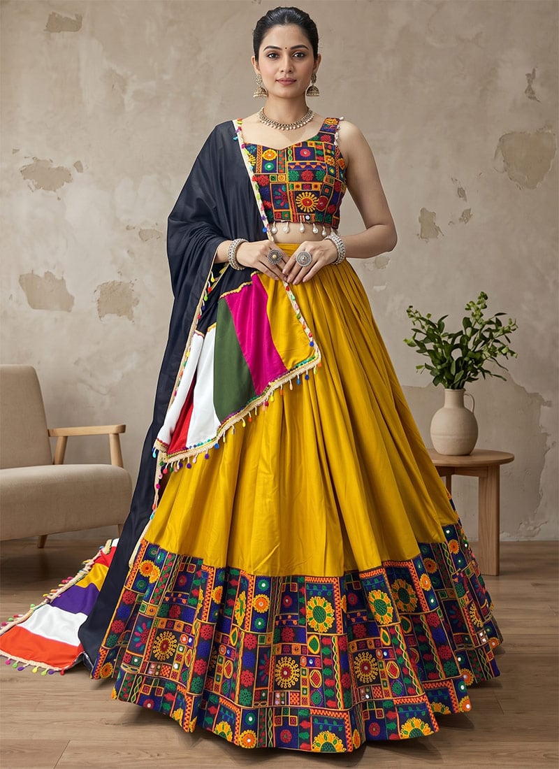 Garba Glam Mustard Rayon Cotton Mirror Work Embroidered Chaniya Choli Festive Wear
