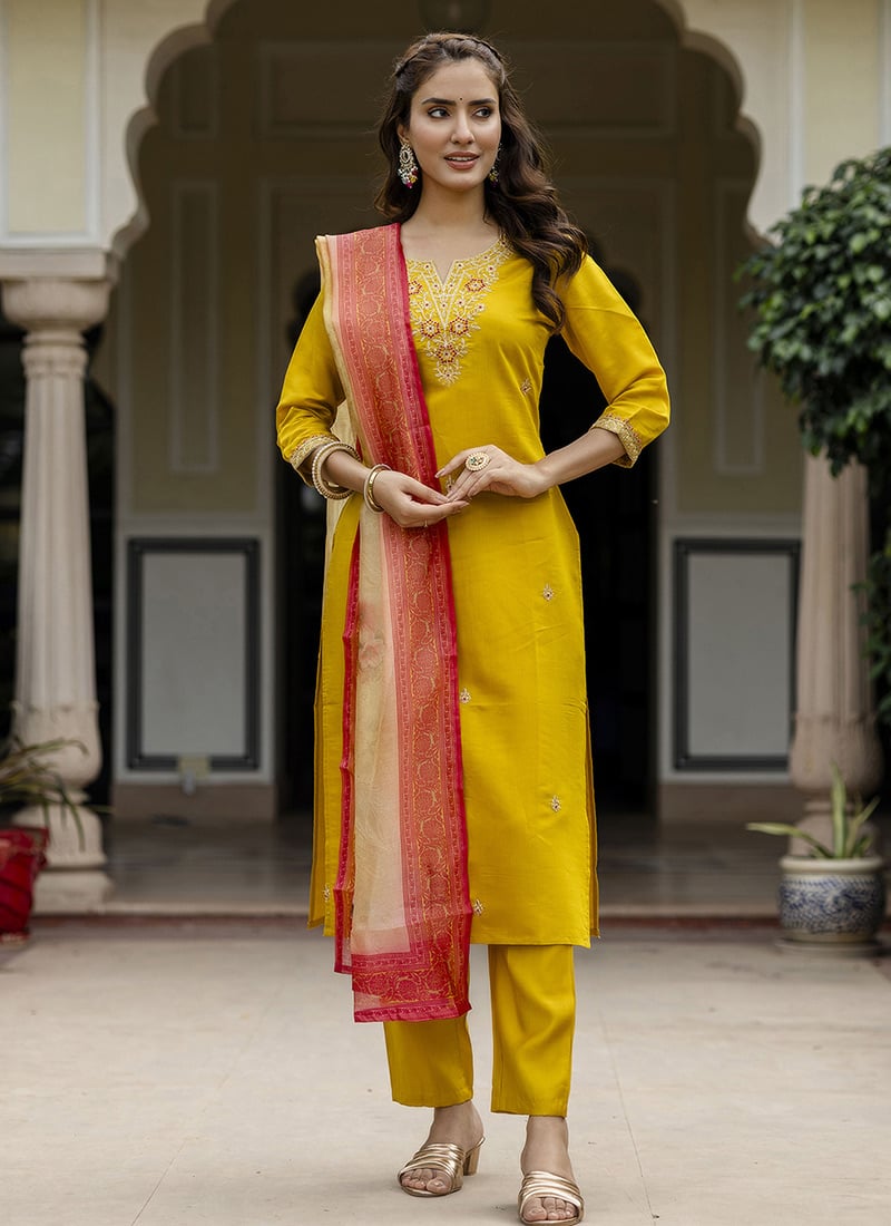 Mustard Rayon Embroidered Digital Print Straight Pant Suit Festive Wear