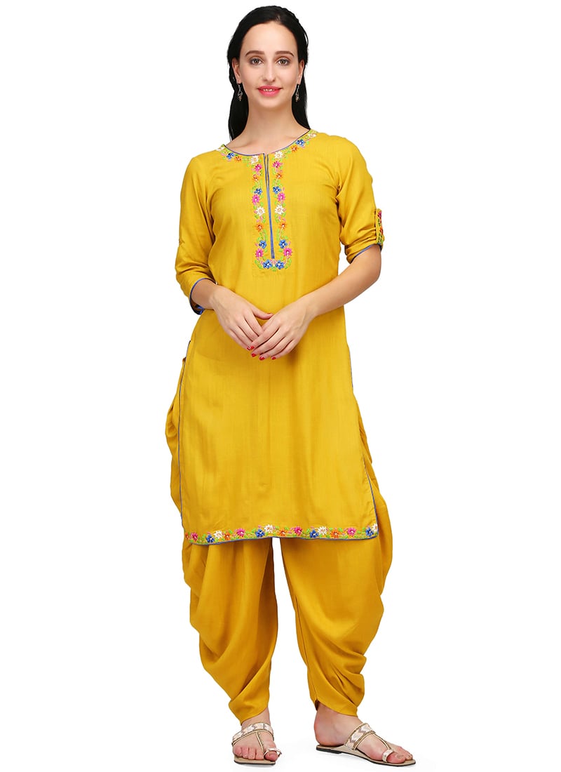 Mustard Rayon Embroidery Knee Length Kurti
