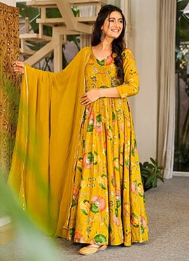 Mustard Rayon Floral Digital Print Anarkali Suit