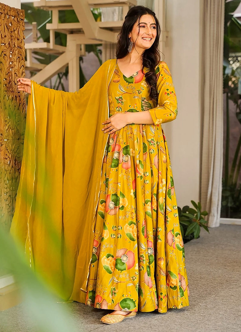 Mustard Rayon Floral Digital Print Anarkali Suit After Six Wear