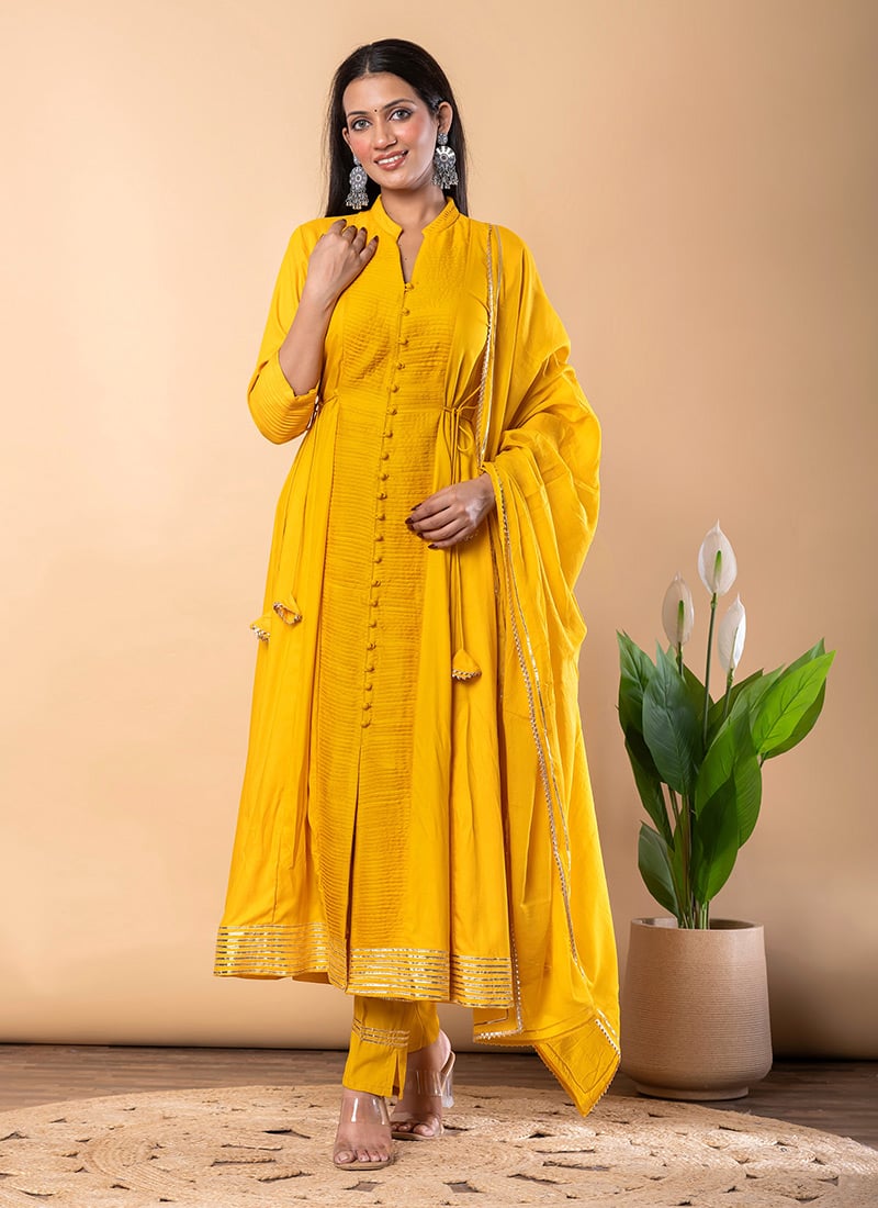 Mustard Rayon Gota Lace Work Anarkali Suit After Six Wear