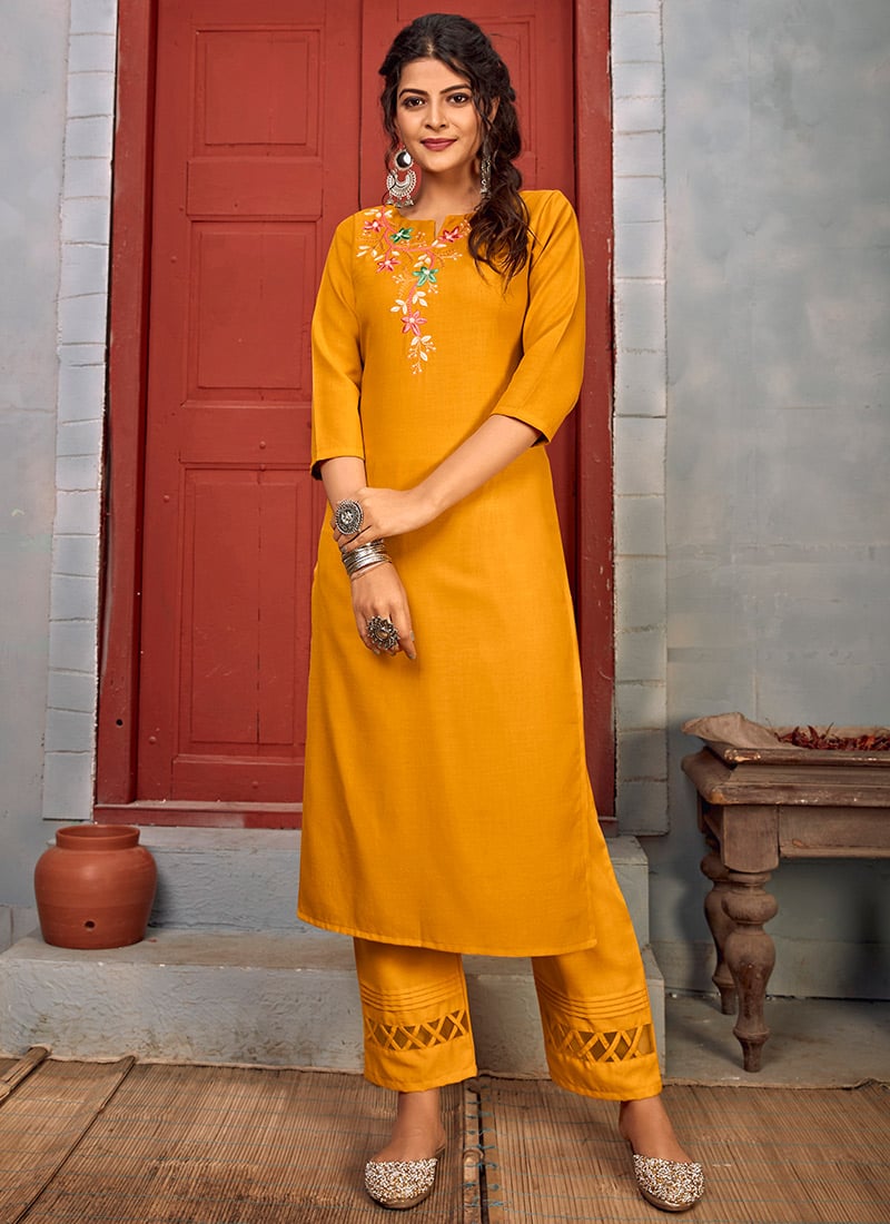 Buy Mustard Rayon Kurta Straight Pant Suit Party Wear, Embroidered