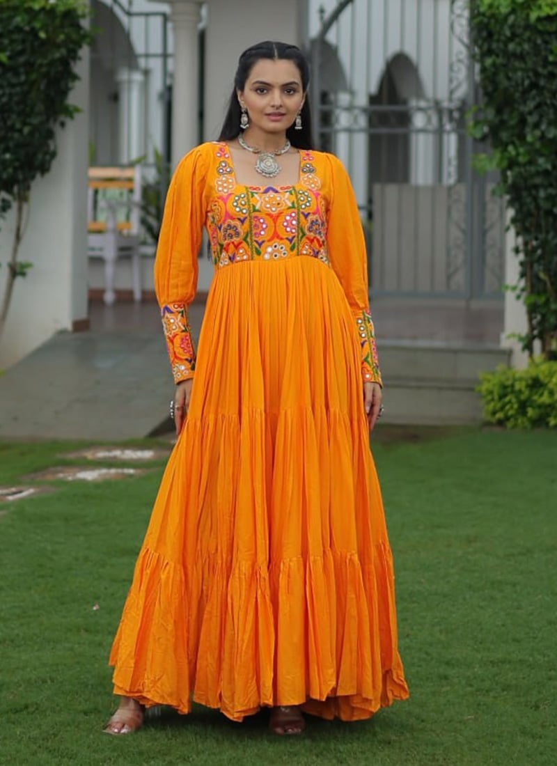 Mustard Rayon Kutch Work Anarkali Gown