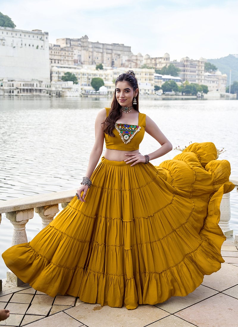 Mustard Rayon Mirror Kutch Work Indowestern Jacket Skirt Set Festive Wear