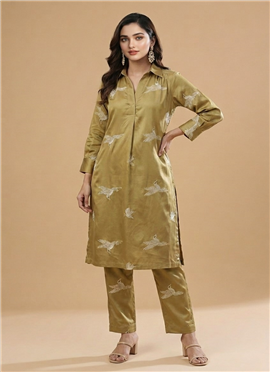 Mustard Rayon Satin Embroidered Kurta Set