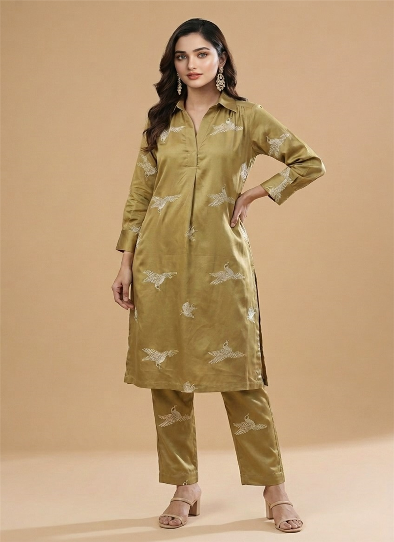 Mustard Rayon Satin Embroidered Kurta Set After Six Wear
