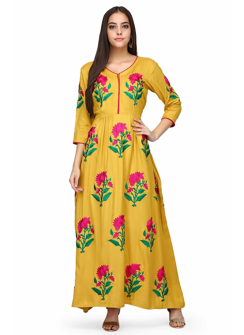 Mustard Rayon Thread Embroidered Long Kurti