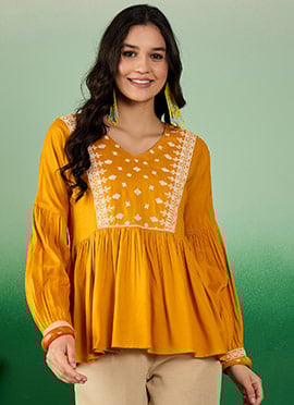 Mustard Rayon Zari Peplum Tops And Tunics