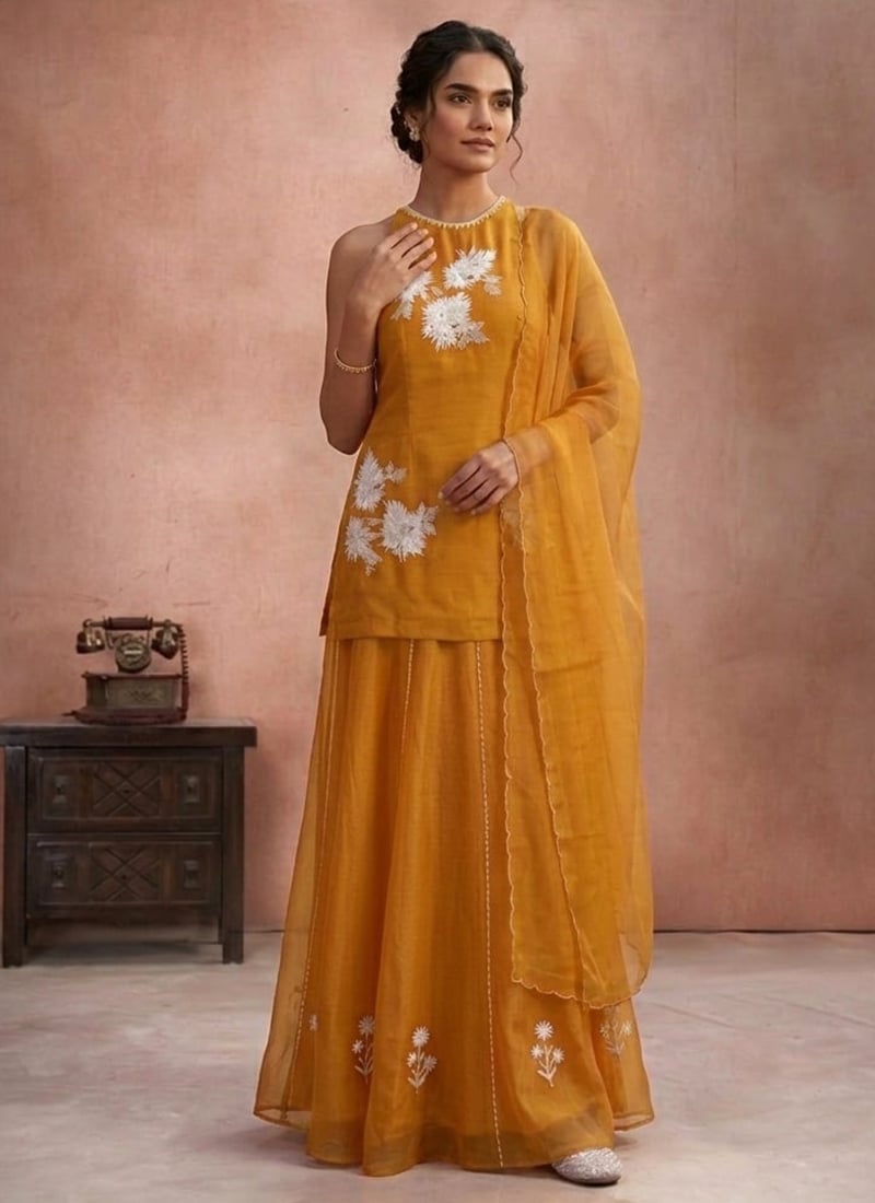 Mustard Resham Embroidered Organza Palazzo Suit Festive Wear