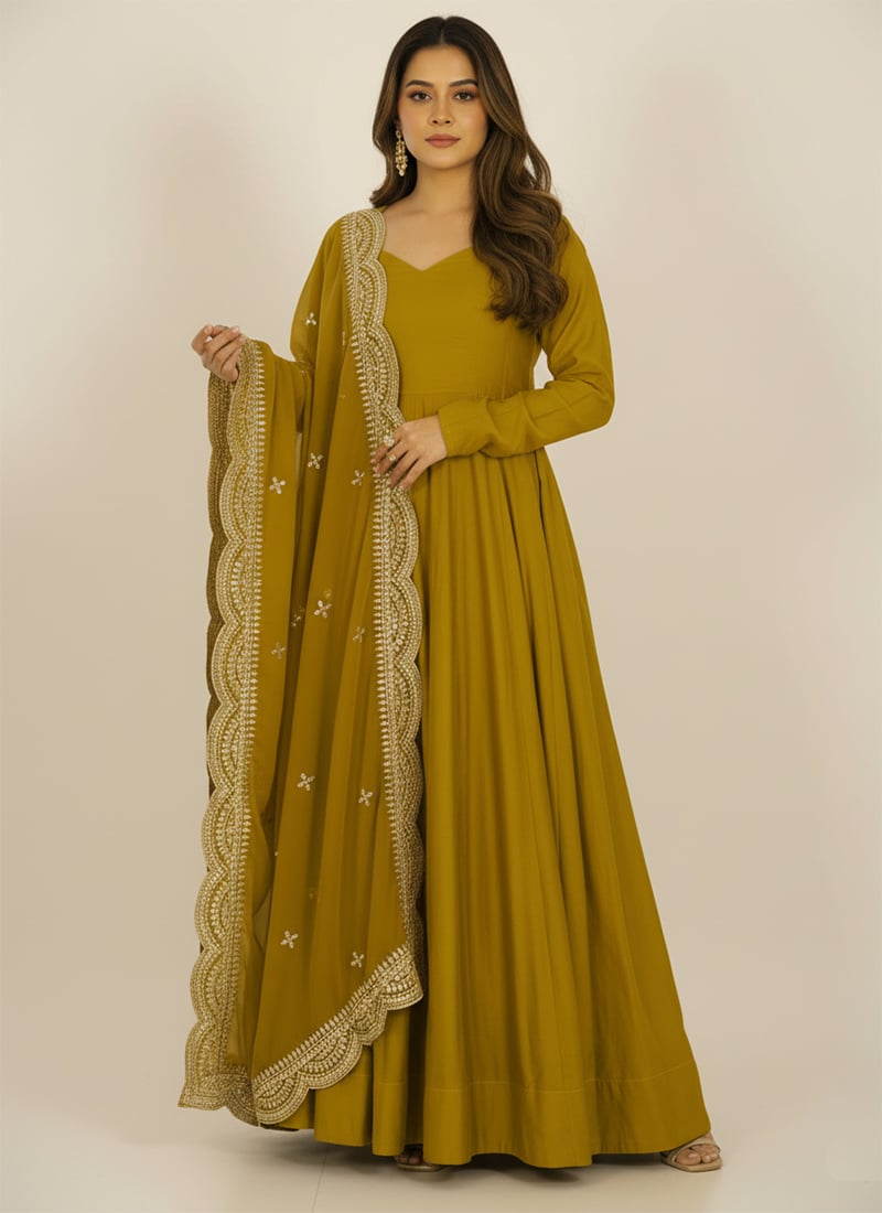 Mustard Roman Silk Chanderi Embroidered Sequins Anarkali Suit Festive Wear