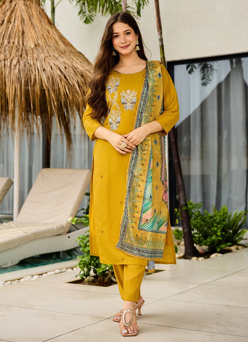 Mustard Roman Silk Embroidered Straight Pant Suit Festive Wear