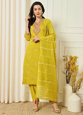 Mustard Roman Silk Embroidered Straight Pant Suit