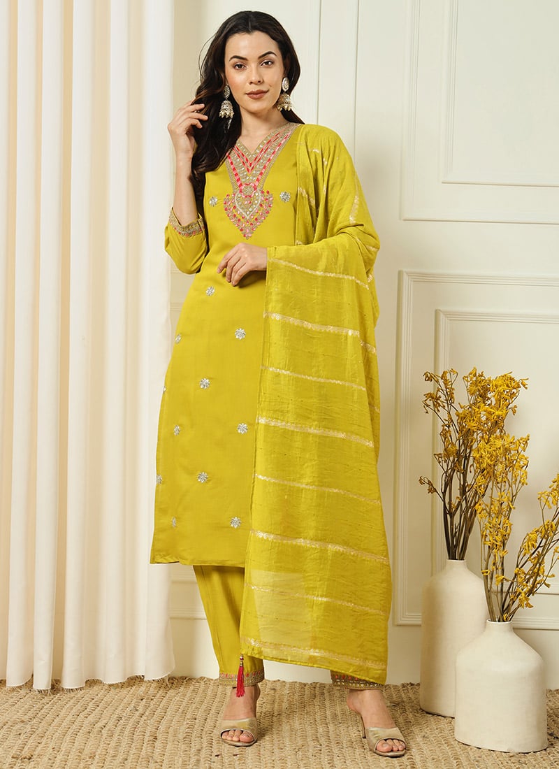 Mustard Roman Silk Embroidered Straight Pant Suit Festive Wear