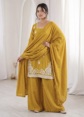 Mustard Roman Silk Embroidered With Moti Work Palazzo Suit