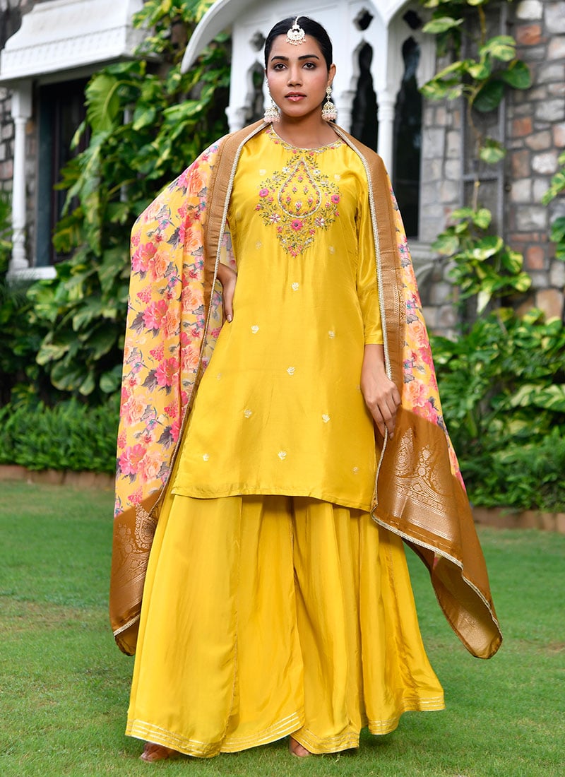 Mustard Russian Silk Embroidered Sharara Pant Suit Festive Wear