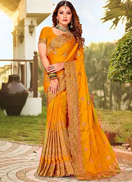 Mustard Satin Blend Embroidered Saree