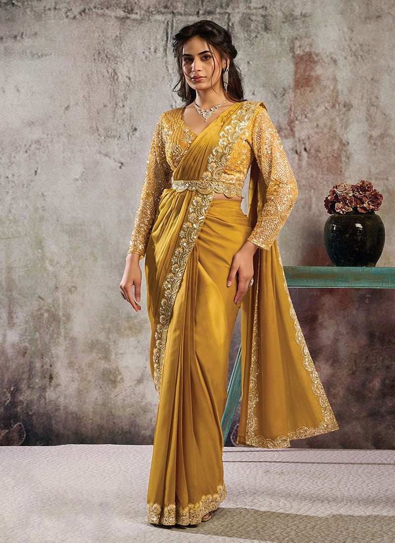Mustard Satin Hand Embroidered Sequins With Beads Work Pre Draped Saree Wedding Wear