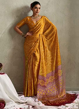 Mustard Satin Silk Bandhini Print Saree