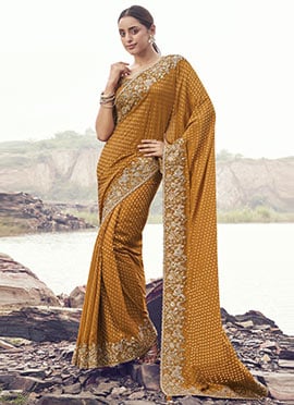 Mustard Satin Silk Sequins Embroidered Stones Jacquard Thread Saree