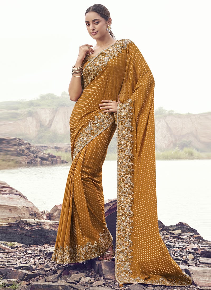 Mustard Satin Silk Sequins Embroidered Stones Jacquard Thread Saree Festive Wear