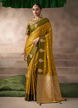 Mustard Satin Silk Zari Embroidered Sequins Saree