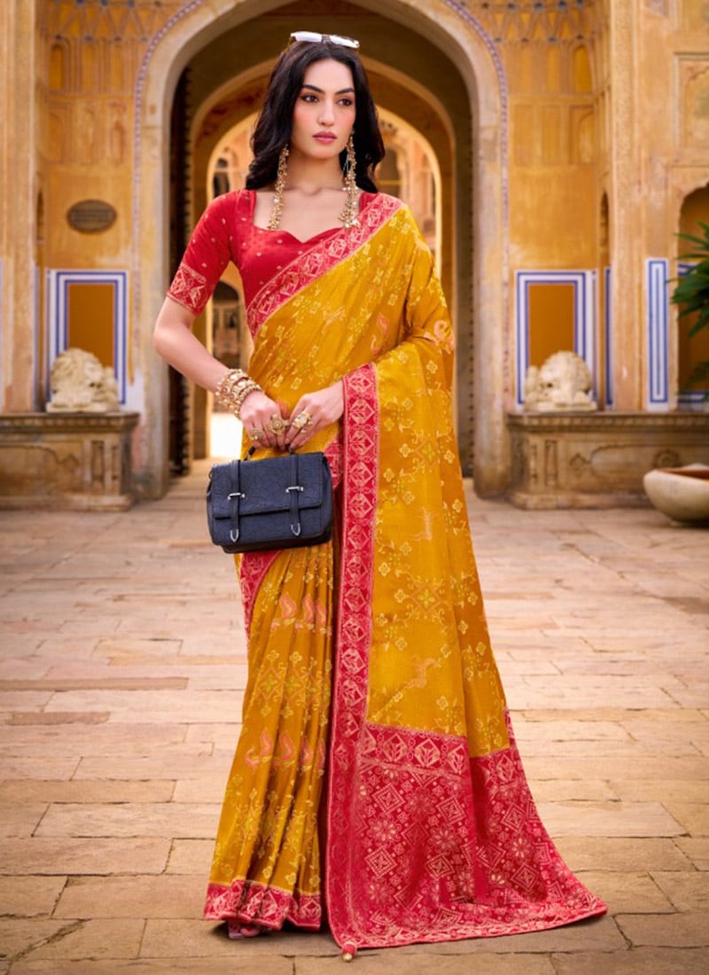 Mustard Satin Tissue Silk Patola Banarasi Print Saree After Six Wear