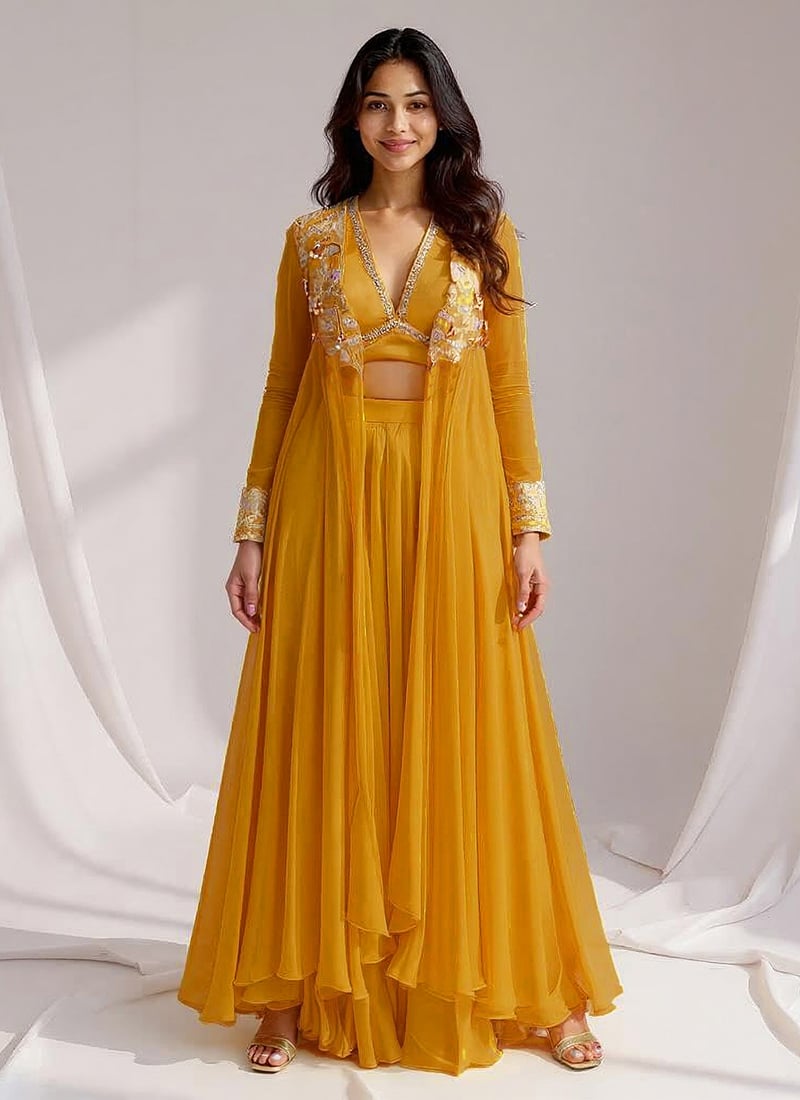 Mustard Satin Zari Hand Embroidered Sequins With Moti Work Indowestern Jacket Set
