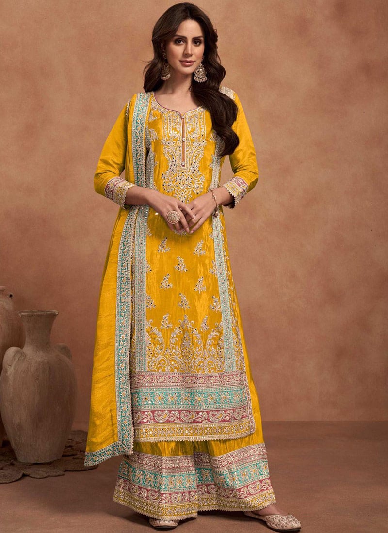 Mustard Shimmar Silk Embroidered Mirror Work Sequins Pakistani Palazzo Suit