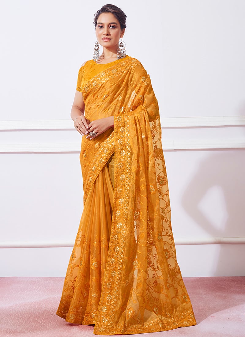 Mustard Shimmer Georgette Embroidered Thread Saree Festive Wear