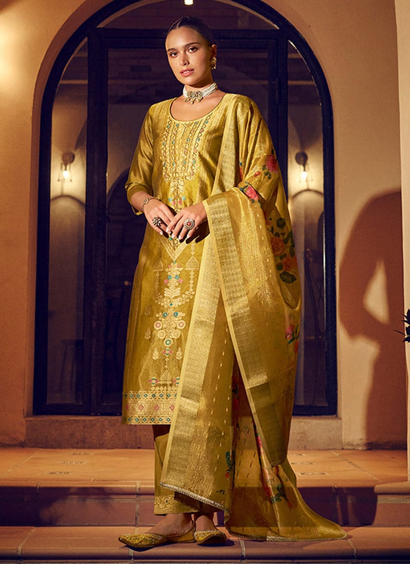 Mustard Shimmer Silk Digital Print Zari Work Straight Pant Suit Festive Wear