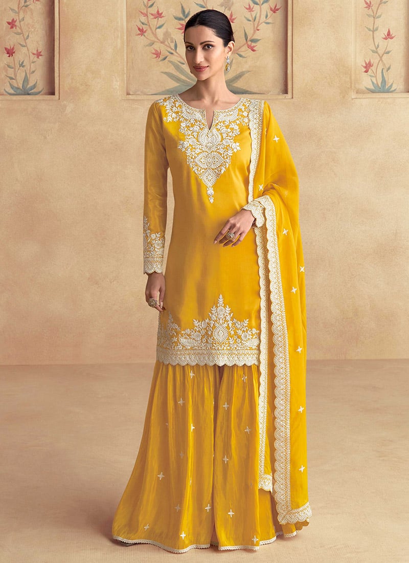 Mustard Shimmer Silk Embroidered Sequins Sharara Suit A Stunning Wear Festive Wear