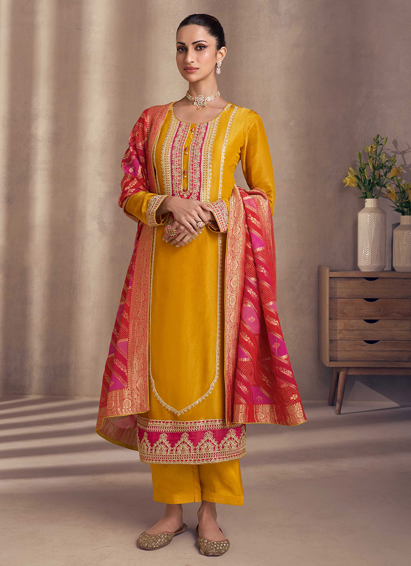 Mustard Shimmer Silk Embroidered Sequins Straight Pant Suit With Jacquard Dupatta Festive Wear