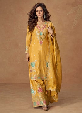 Mustard Shimmer Silk Palazzo Suit With Embroidered Sequins