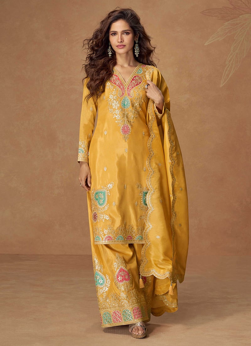 Mustard Shimmer Silk Palazzo Suit With Embroidered Sequins Festive Wear