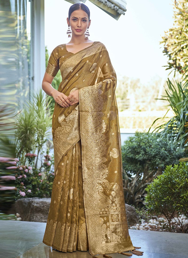 Mustard Shimmer Silk Zari Woven Saree Festive Wear
