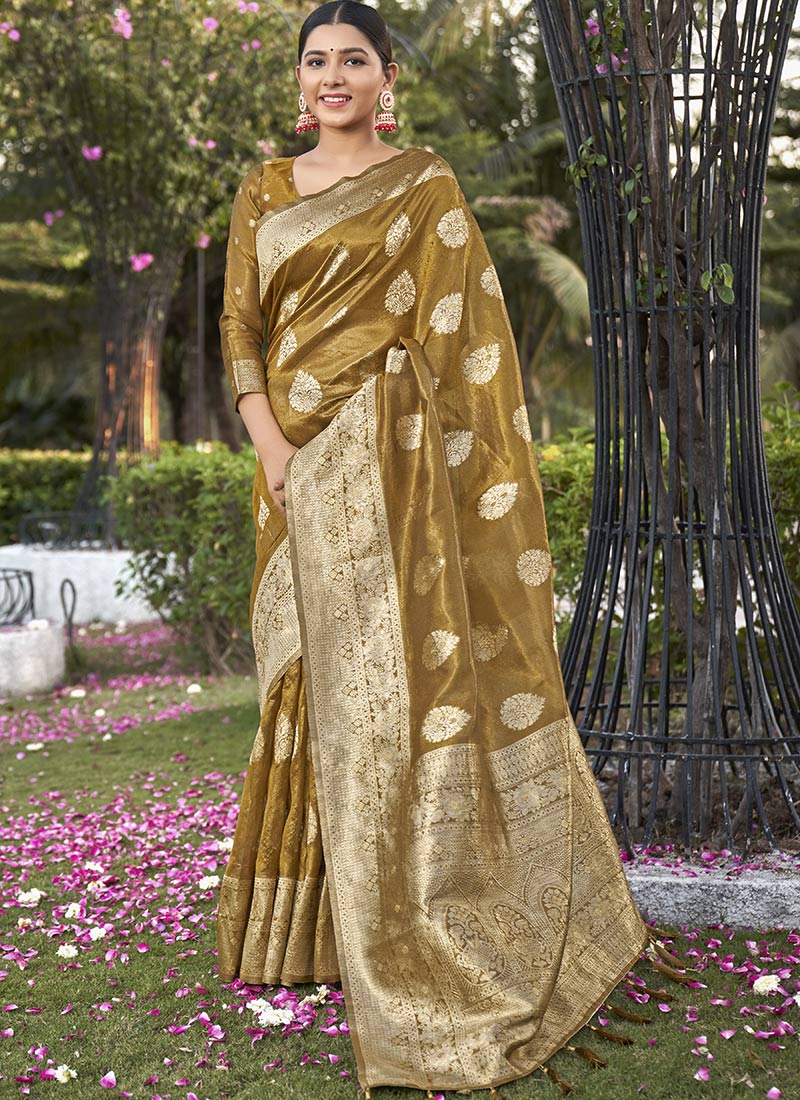 Mustard Shimmer Silk Zari Woven Saree Festive Wear