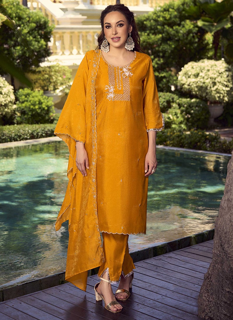 Mustard Shimmer Vichitra Silk Hand Embroidered Straight Pant Suit
