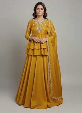 Mustard Silk Beads Stones Zari Hand Embroidered A Line Lehenga