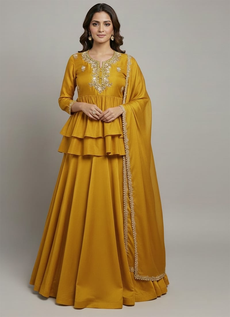 Mustard Silk Beads Zari Hand Embroidered Stones A Line Lehenga Festive Wear