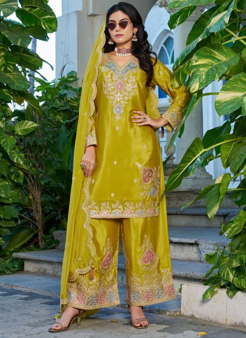 Mustard Silk Chinon Embroidered Sequins Palazzo Suit Festive Wear