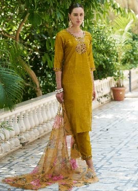Mustard Silk Cotton Embroidered Straight Pant Suit For Traditional Look