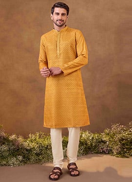 Mustard Silk Digital Print Kurta Pyjama For Men