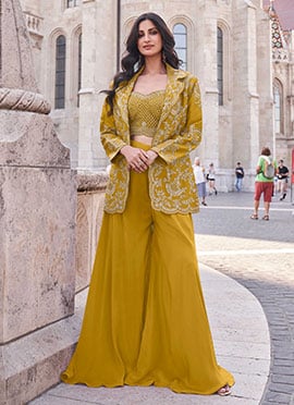 Mustard Silk Embroidered Beads Sequins Stylish Indowestern Jacket Palazzo Set