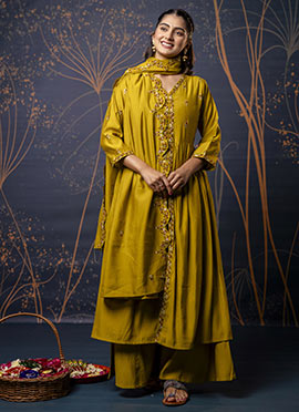 Mustard Silk Embroidered High Slit Palazzo Suit