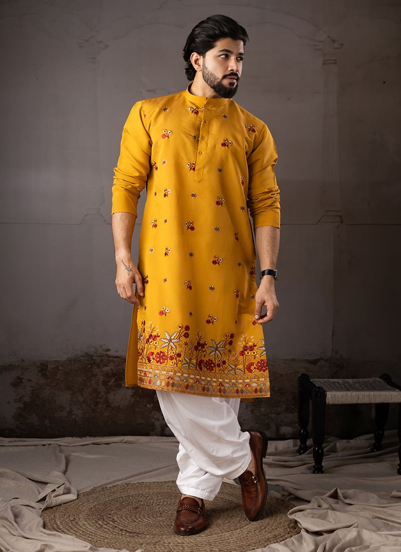 Mustard Silk Embroidered Kurta Pyjama For Men Festive Wear