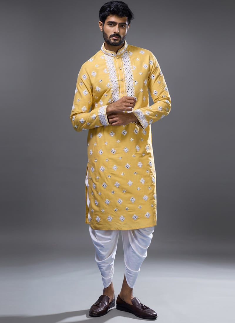 Mustard Silk Embroidered Kurta Pyjama Festive Wear