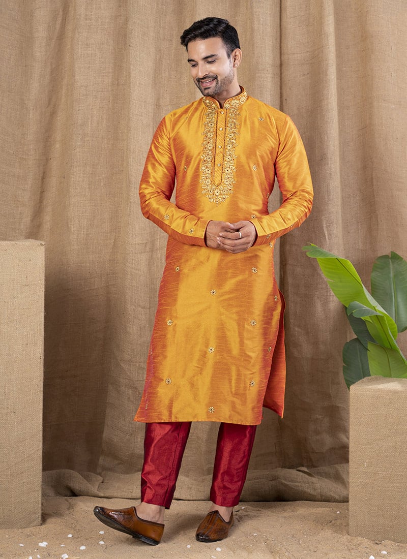 Mustard Silk Embroidered Kurta Pyjama