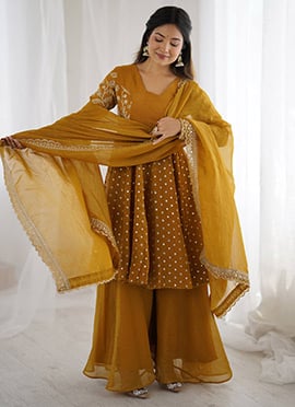 Mustard Silk Embroidered Palazzo Suit