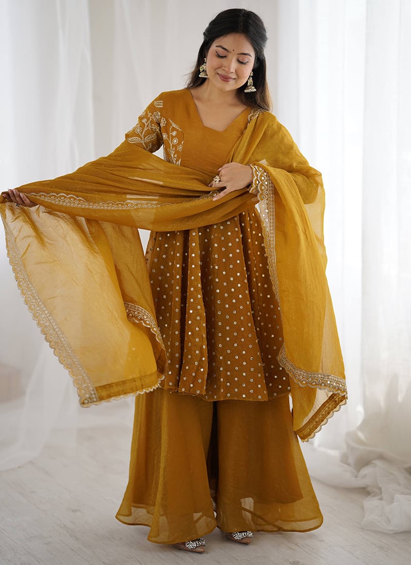 Mustard Silk Embroidered Palazzo Suit Festive Wear